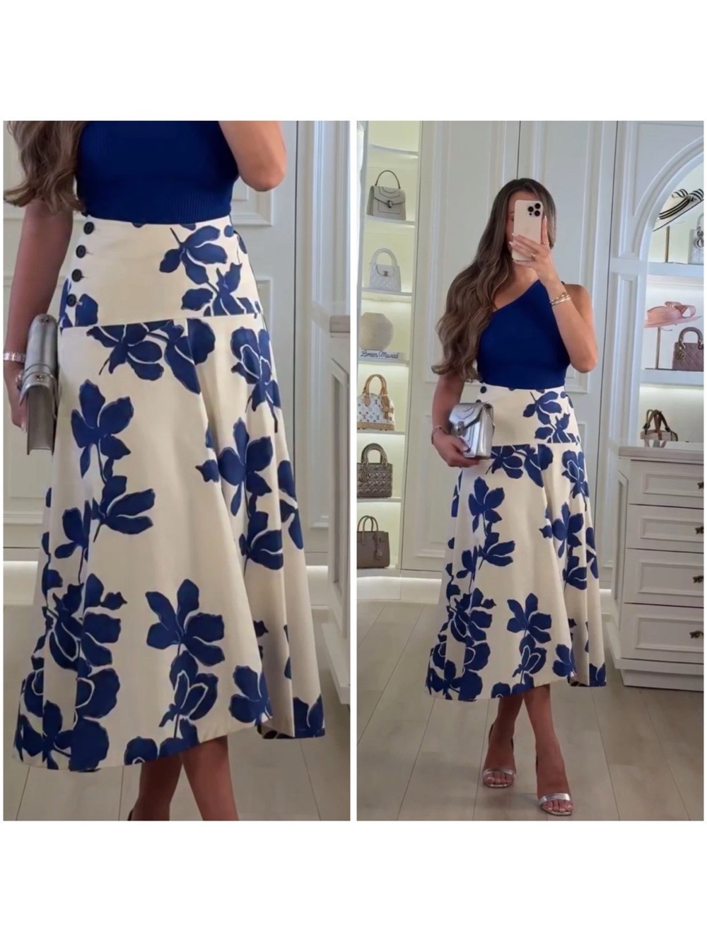 Zara Cream Midi Skirt with Blue Floral Print